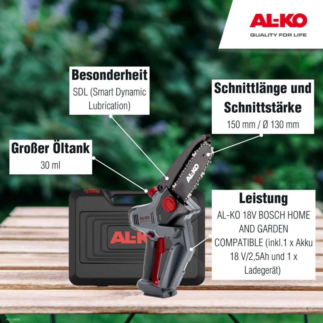 AL-KO 18 V BOSCH HOME AND GARDEN COMPATIBLE Akku-Minikettensäge CSM 1815 inkl. 1 Akku und Ladegerät