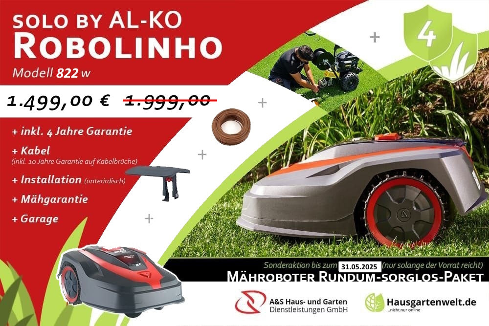 solo by AL-KO Robolinho 822 W inkl. 4 Jahre Garantie, unterirdische Installation, Kabel inkl. 10 Jahre Garantie auf Kabelbrüche, Garage und Mähgarantie