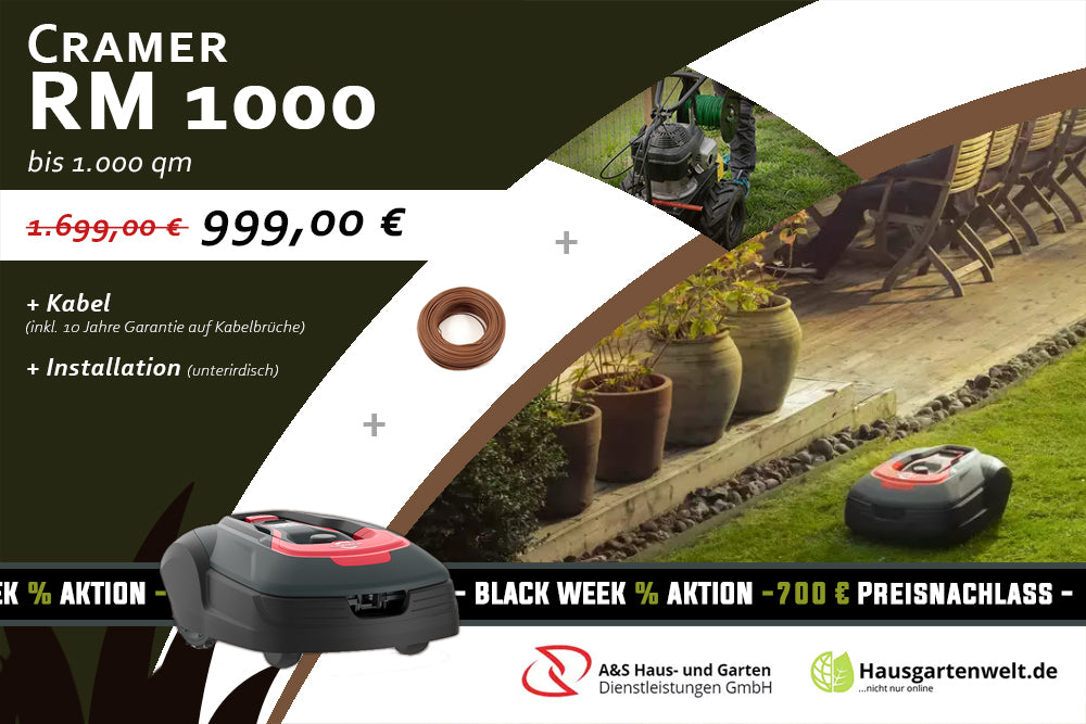 Angebot: Cramer RM 1000 Mähroboter, bis 1.000 m², Kabel inkl. 10 Jahre Garantie auf Kabelbrüche, unterirdische Installation