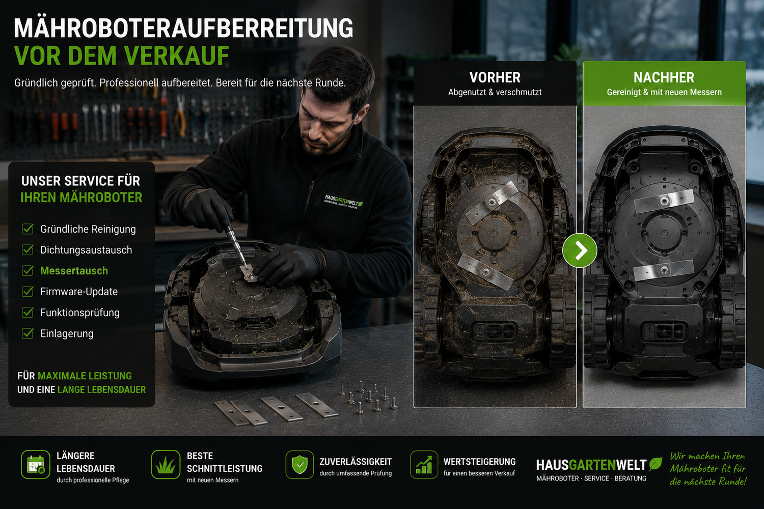 Mähroboteraufbereitung vor dem Verkauf